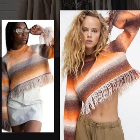 Zara | Orange Brown Fall Crop Fringe Crewneck Sweater | M - Picture 1 of 8
